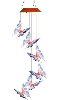 Solar-powered LED wind chime with colour-changing butterfly design for garden decor