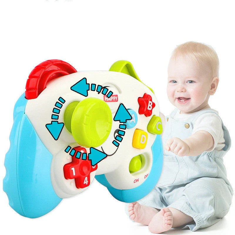 Interactive educational gaming console with colourful buttons, joystick, and electronic features for young children's learning and development
