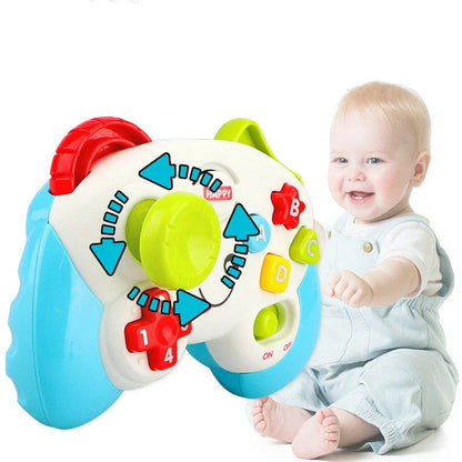 Interactive educational gaming console with colourful buttons, joystick, and electronic features for young children's learning and development