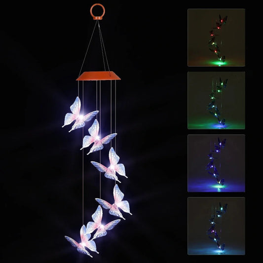 Solar-powered LED wind chime with colour-changing butterfly design for garden decor