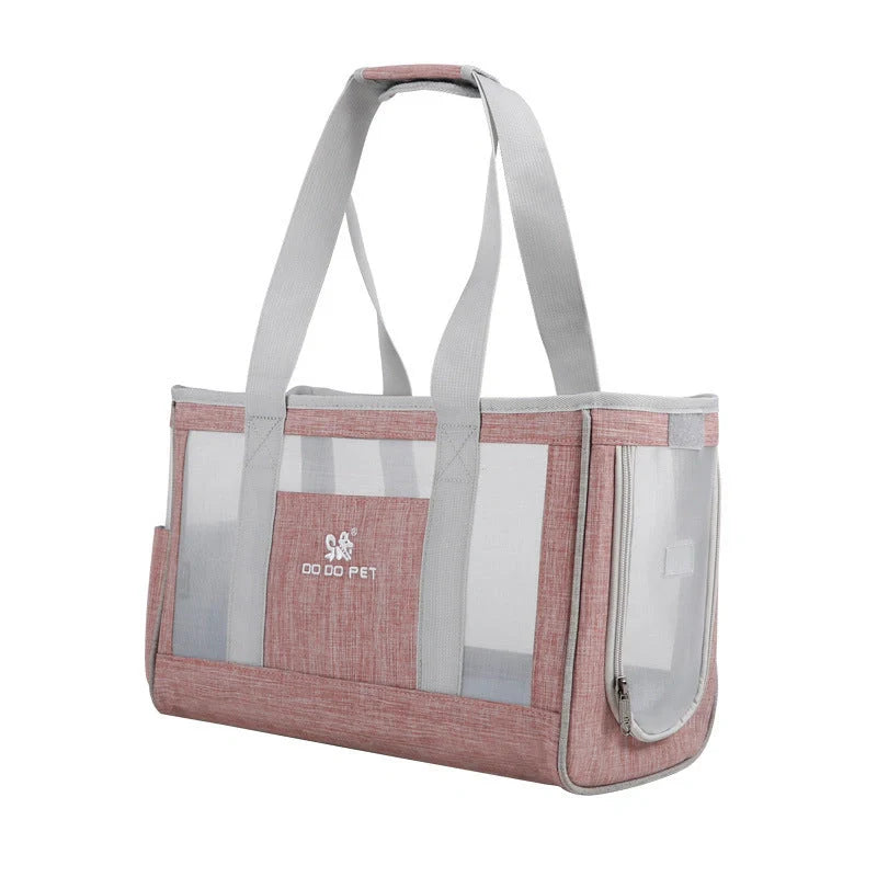 Portable pet carrier backpack in grey, pink, and blue with breathable mesh and large capacity