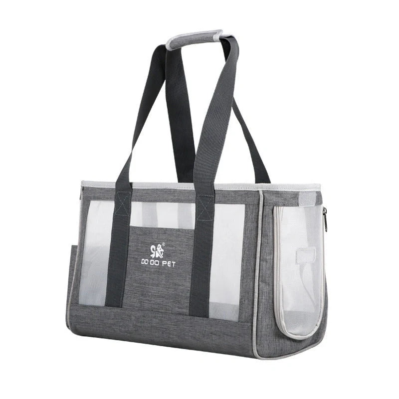 Portable pet carrier backpack in grey, pink, and blue with breathable mesh and large capacity