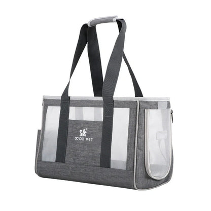 Portable pet carrier backpack in grey, pink, and blue with breathable mesh and large capacity