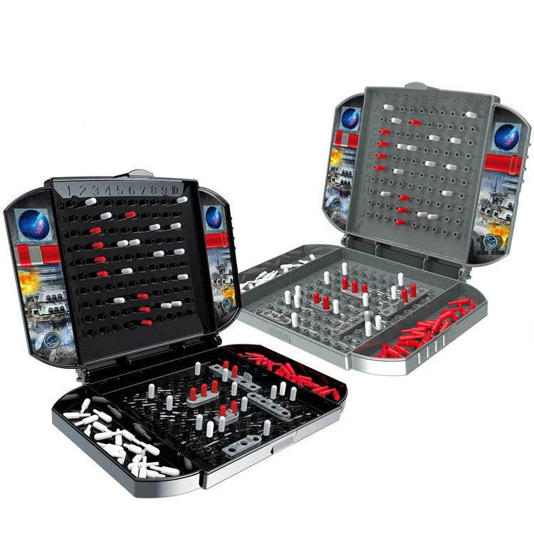 Two-player classic naval battle tabletop game with detailed grid system and concealed fleet placements