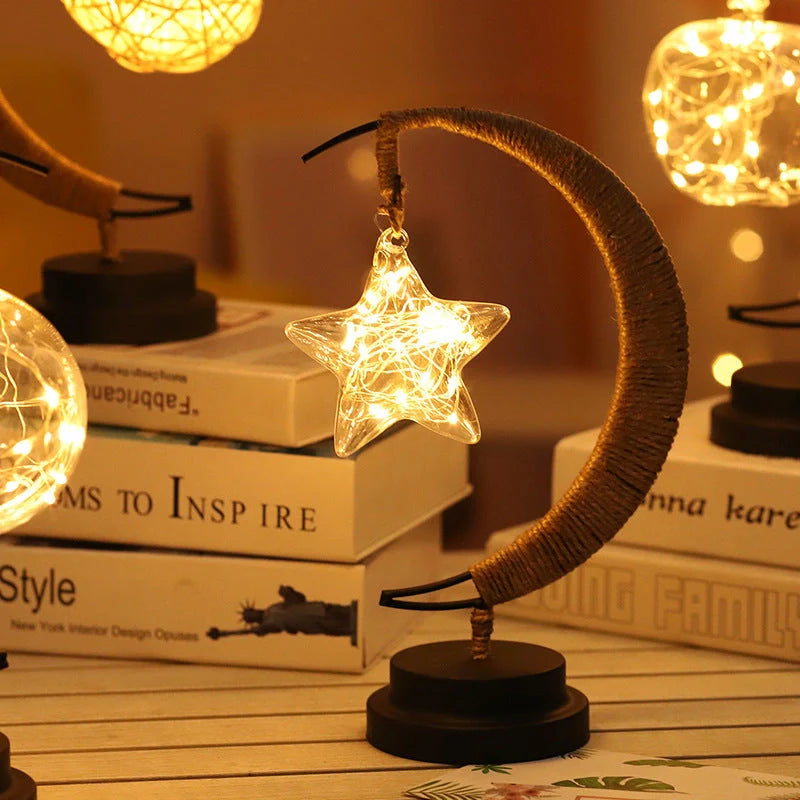Moon Light LED Copper Wire Lamp with moon and star shapes, high transparent glass pendants, and flexible power options