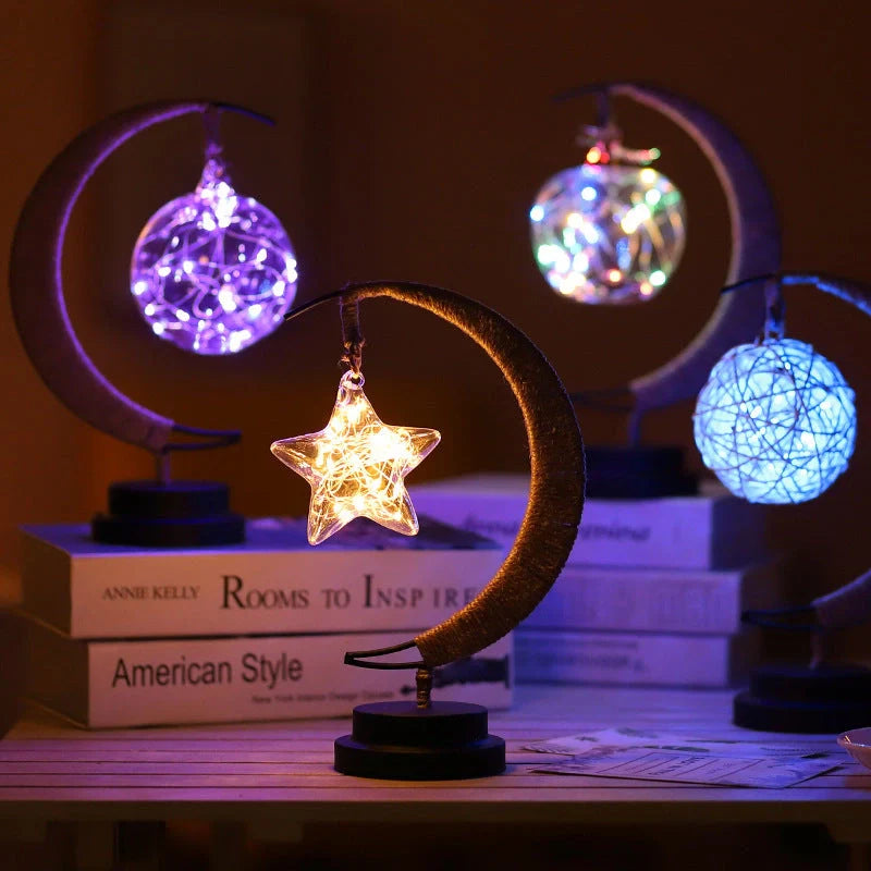 Moon Light LED Copper Wire Lamp with moon and star shapes, high transparent glass pendants, and flexible power options