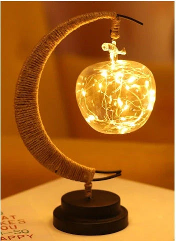 Moon Light LED Copper Wire Lamp with moon and star shapes, high transparent glass pendants, and flexible power options