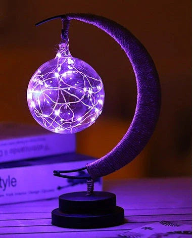Moon Light LED Copper Wire Lamp with moon and star shapes, high transparent glass pendants, and flexible power options