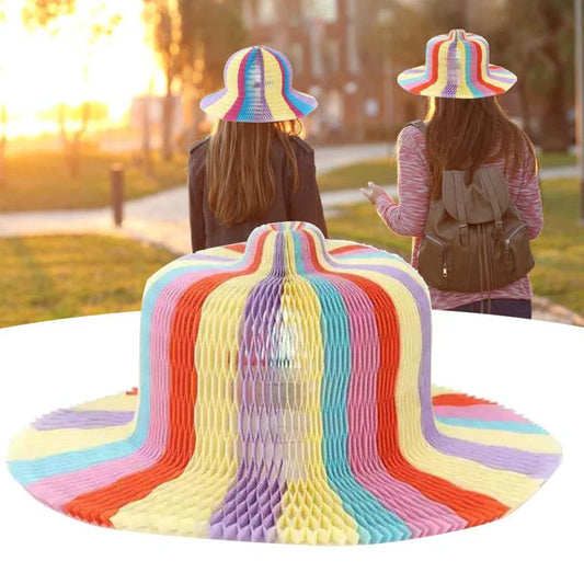 A versatile transforming paper sun hat that can be used for various holiday celebrations and outings
