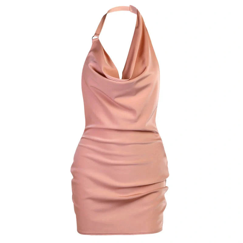 Adjustable satin party dress with V-neck and backless design in white, pink, and black