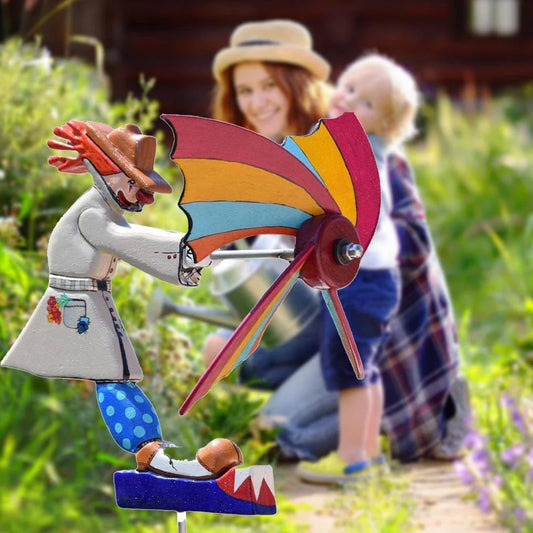 Charming clown garden windmill decoration with stainless steel column and vibrant, long-lasting colors