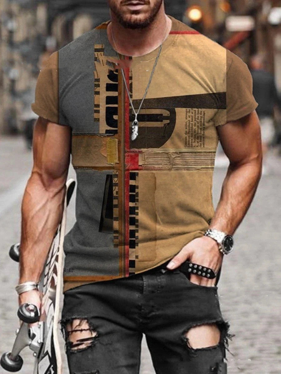 Men's retro geometric print short sleeve t-shirt in polyester