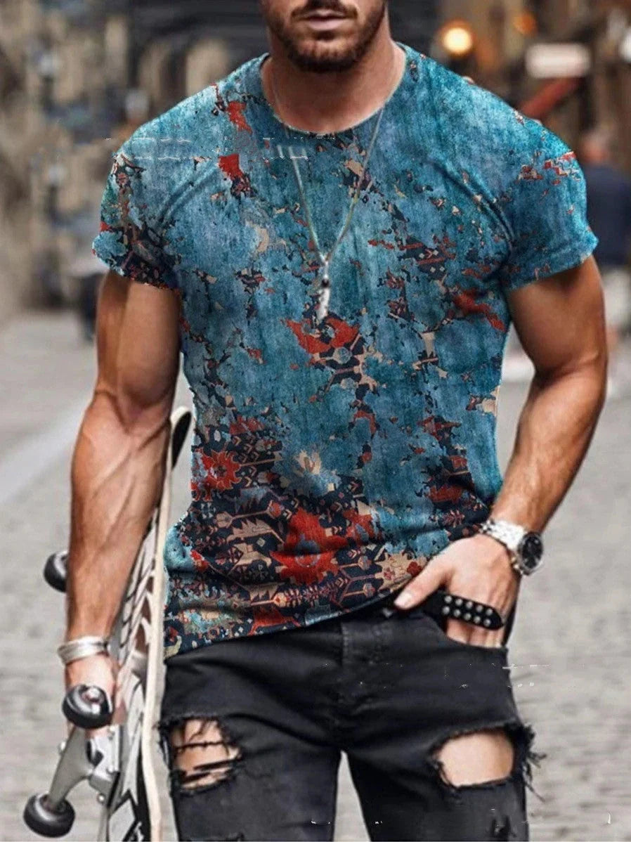 Men's retro geometric print short sleeve t-shirt in polyester