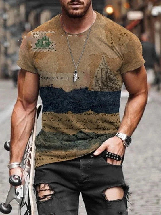 Men's retro geometric print short sleeve t-shirt in polyester