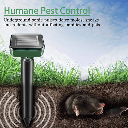 Solar-powered ultrasonic pest deterrent device for repelling moles, rats, snakes, and other burrowing pests from gardens and outdoor spaces