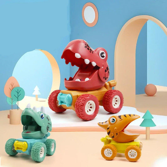 Dinosaur and animal themed push and slide toy car for kids, encouraging active play and imagination.