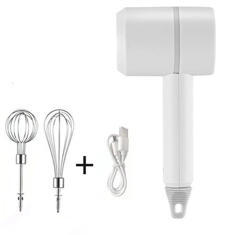 Rechargeable cordless electric hand mixer with 3-speed motor, whisk and egg beater attachments, and ergonomic design for easy baking and mixing