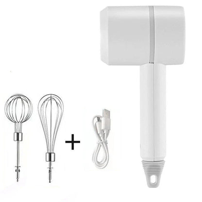 Rechargeable cordless electric hand mixer with 3-speed motor, whisk and egg beater attachments, and ergonomic design for easy baking and mixing