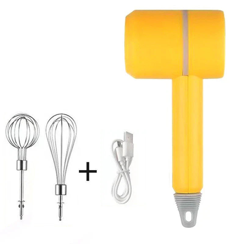 Rechargeable cordless electric hand mixer with 3-speed motor, whisk and egg beater attachments, and ergonomic design for easy baking and mixing