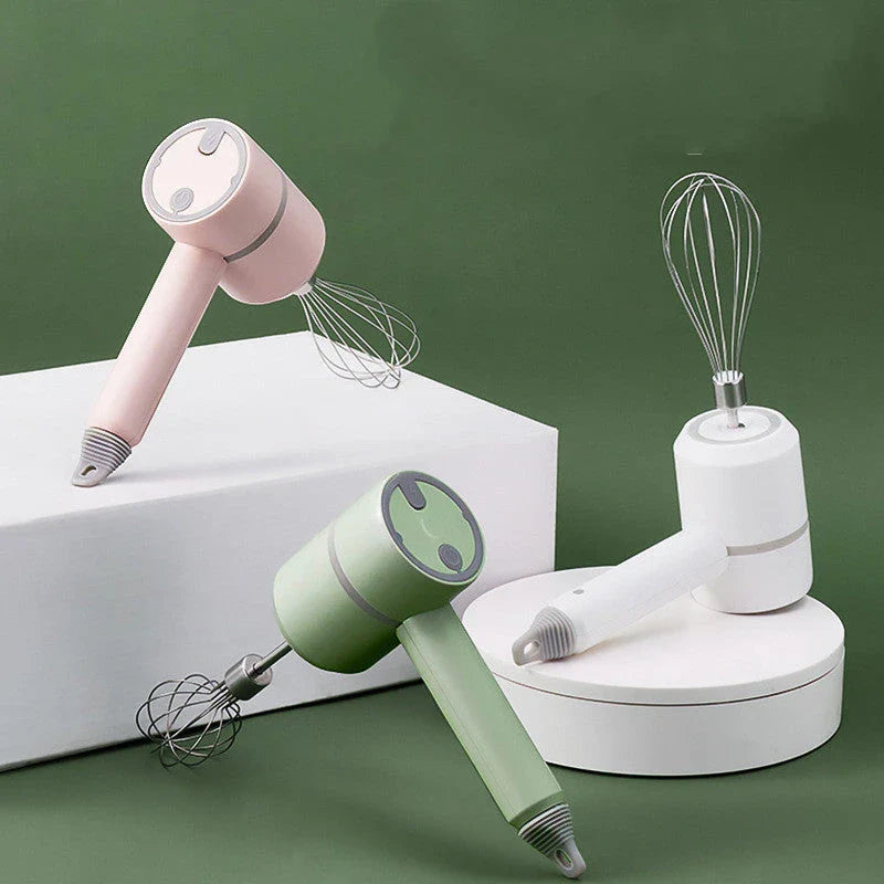 Rechargeable cordless electric hand mixer with 3-speed motor, whisk and egg beater attachments, and ergonomic design for easy baking and mixing