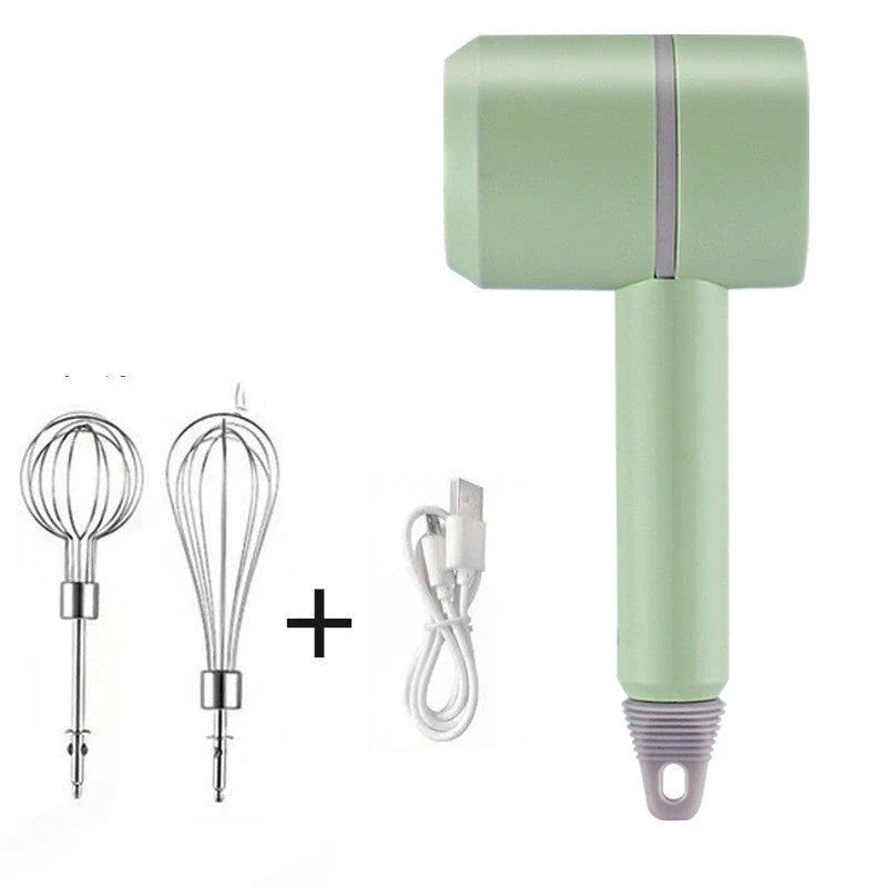 Rechargeable cordless electric hand mixer with 3-speed motor, whisk and egg beater attachments, and ergonomic design for easy baking and mixing