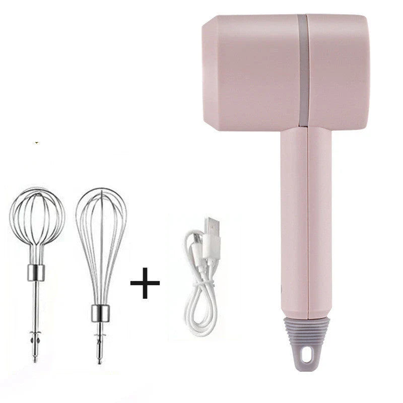 Rechargeable cordless electric hand mixer with 3-speed motor, whisk and egg beater attachments, and ergonomic design for easy baking and mixing