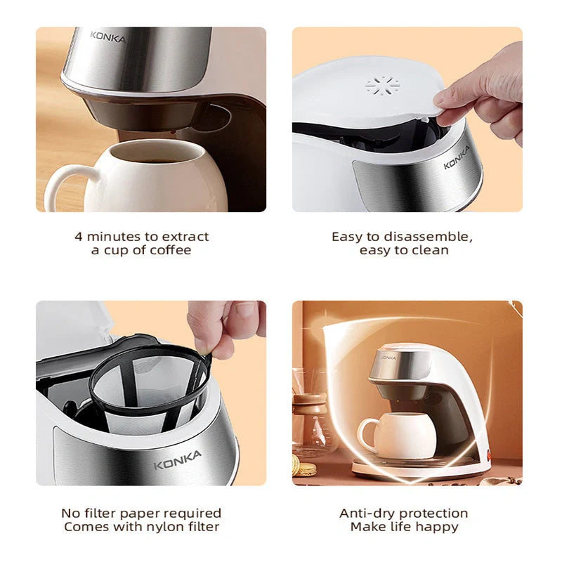 Compact automatic coffee machine with ceramic cup and stainless steel panel