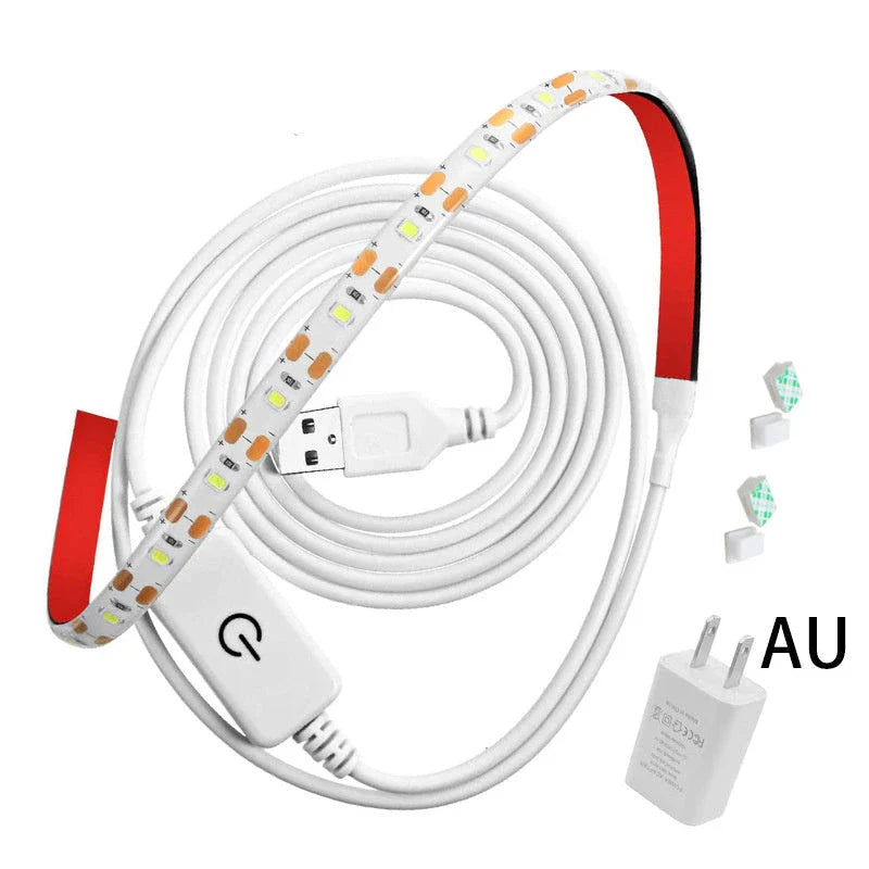 Adjustable LED light bar with touch-sensitive dimming controls for sewing machines, providing customizable lighting for sewing, quilting, and embroidery projects.