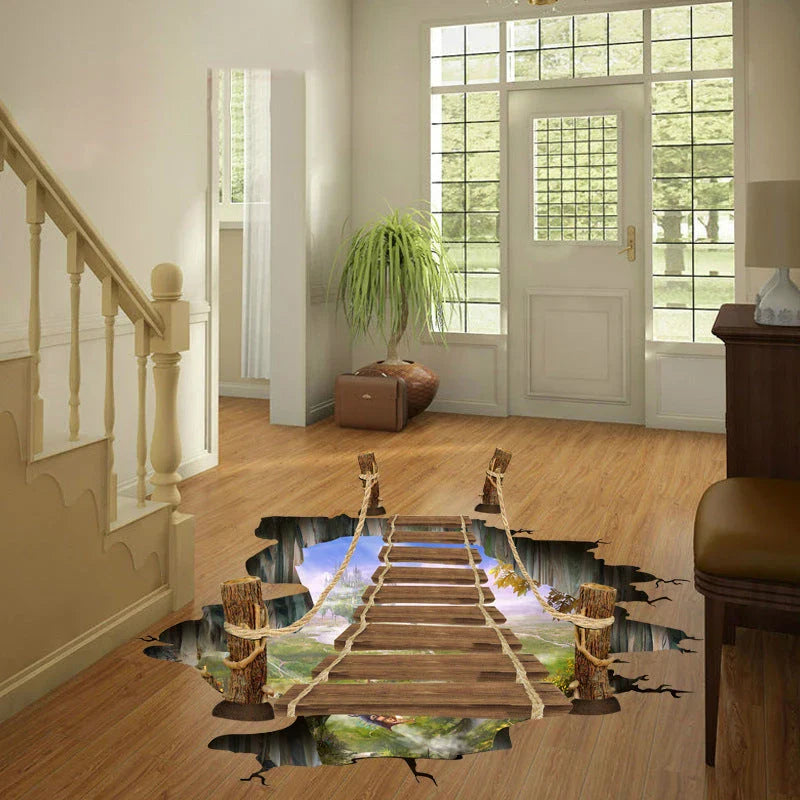 Vibrant 3D wall sticker featuring a creative cosmic design with planets, suspension bridge, and space elements