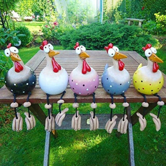 Charming resin chicken ornaments in various colours and set sizes, perfect for adding whimsical British-inspired decor to gardens and outdoor spaces.