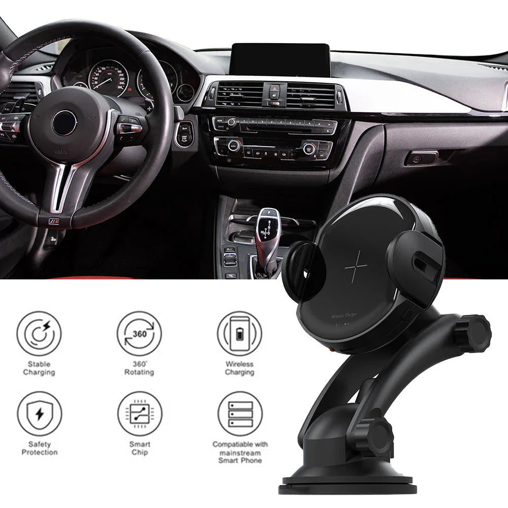 Magnetic car phone holder with wireless charging for smartphones, providing a secure and convenient in-car mount solution.