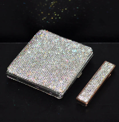 Handmade diamond rhinestone cigarette case for women in white metal
