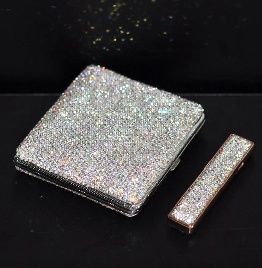 Handmade diamond rhinestone cigarette case for women in white metal
