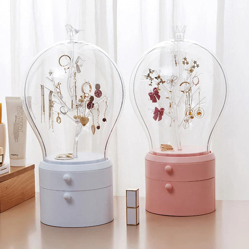 LED illuminated transparent jewelry storage box with 360-degree rotation
