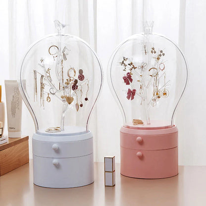 LED illuminated transparent jewelry storage box with 360-degree rotation