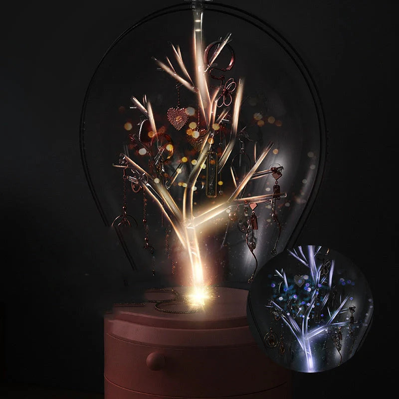 LED illuminated transparent jewelry storage box with 360-degree rotation