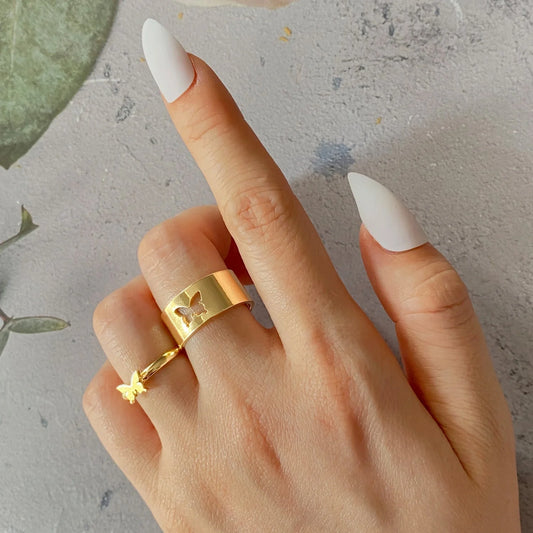 Punk style adjustable butterfly couple rings in gold and silver