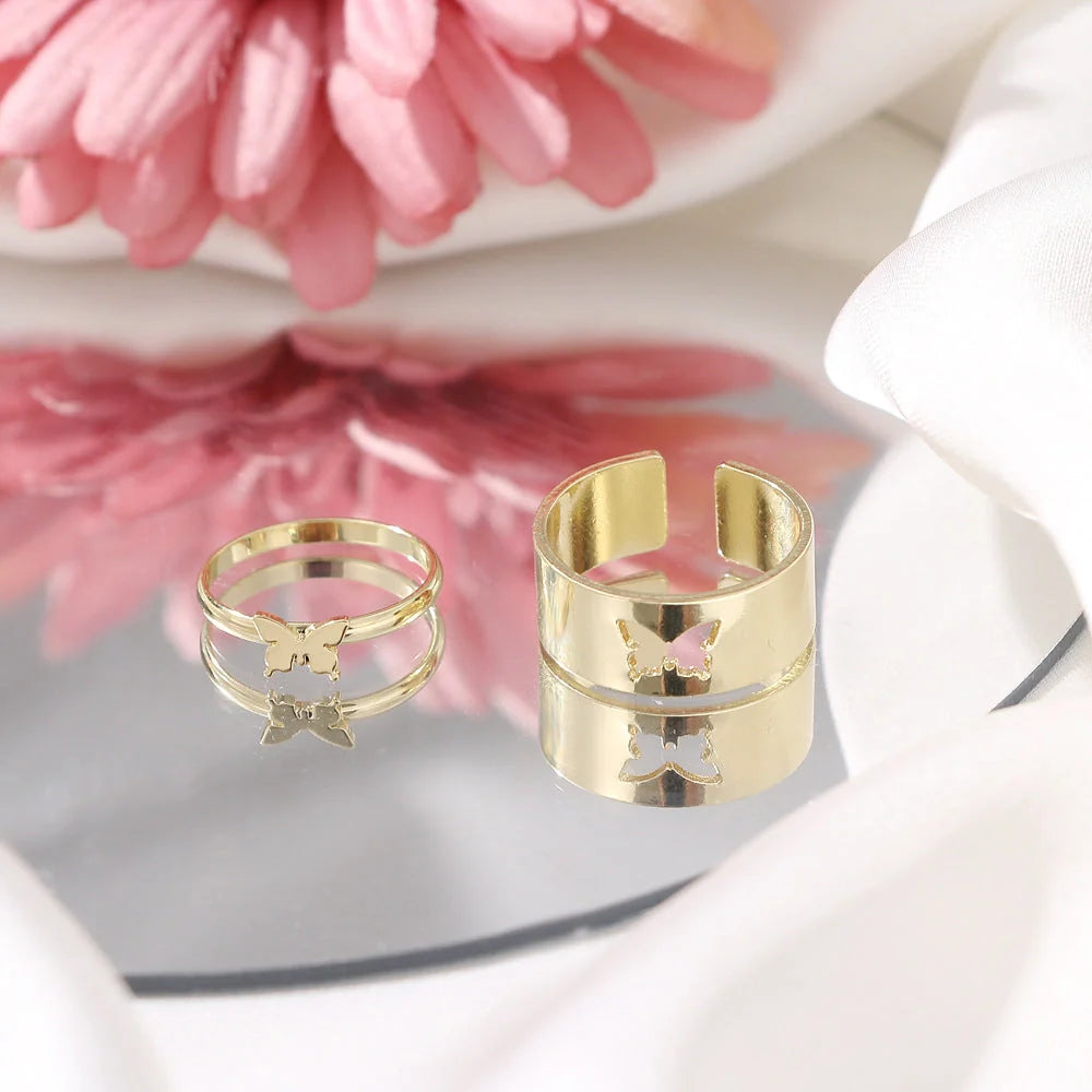 Punk style adjustable butterfly couple rings in gold and silver