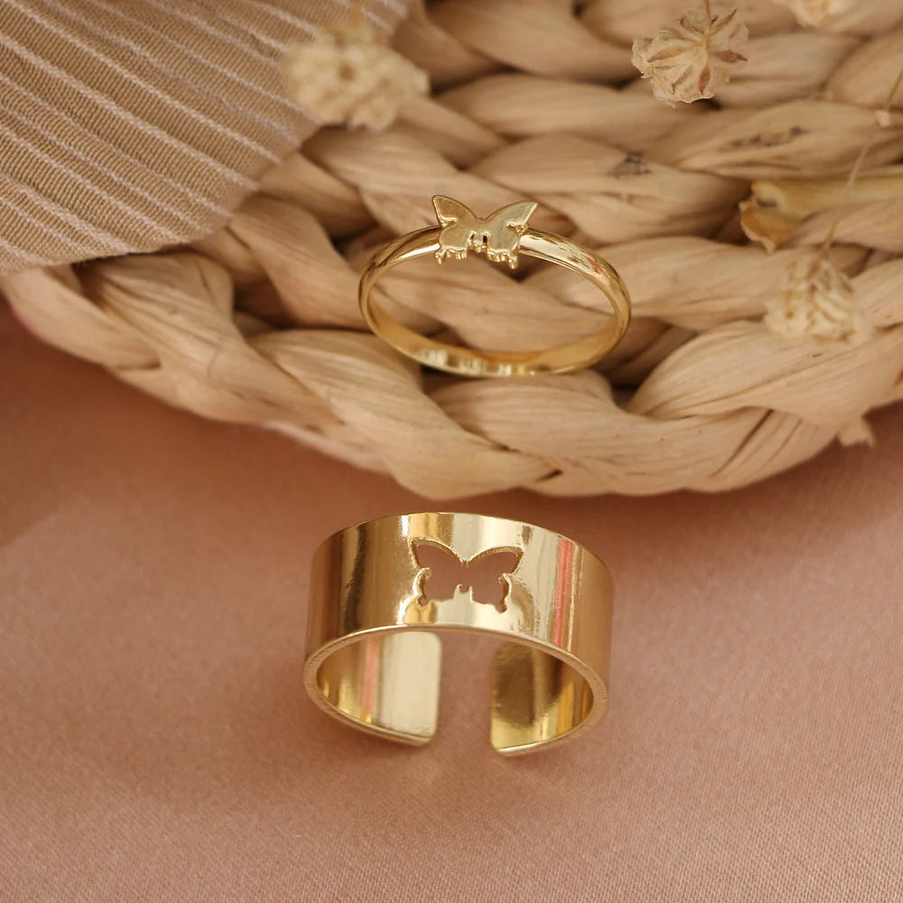 Punk style adjustable butterfly couple rings in gold and silver