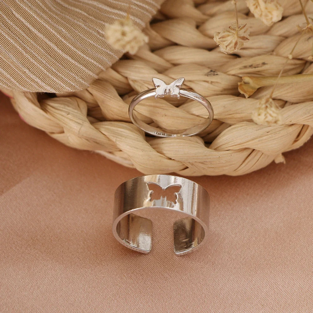 Punk style adjustable butterfly couple rings in gold and silver