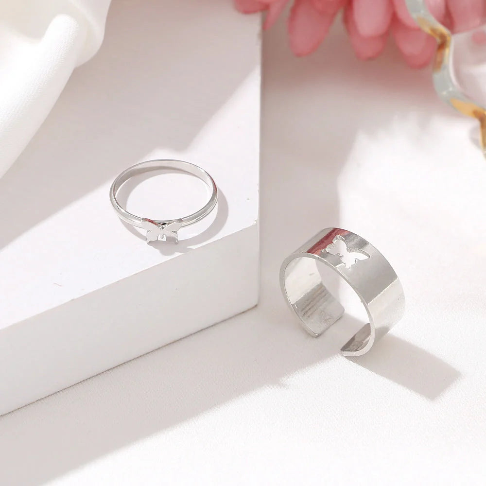 Punk style adjustable butterfly couple rings in gold and silver