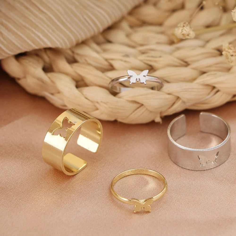 Punk style adjustable butterfly couple rings in gold and silver