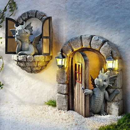 Enchanting resin garden ornaments with a curious dinosaur and warm solar lanterns, perfect for outdoor decor