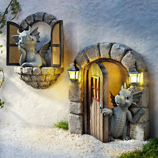 Enchanting resin garden ornaments with a curious dinosaur and warm solar lanterns, perfect for outdoor decor