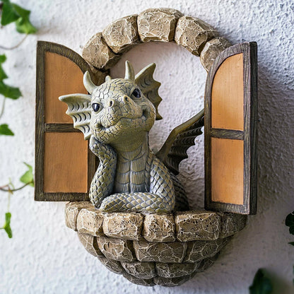 Enchanting resin garden ornaments with a curious dinosaur and warm solar lanterns, perfect for outdoor decor
