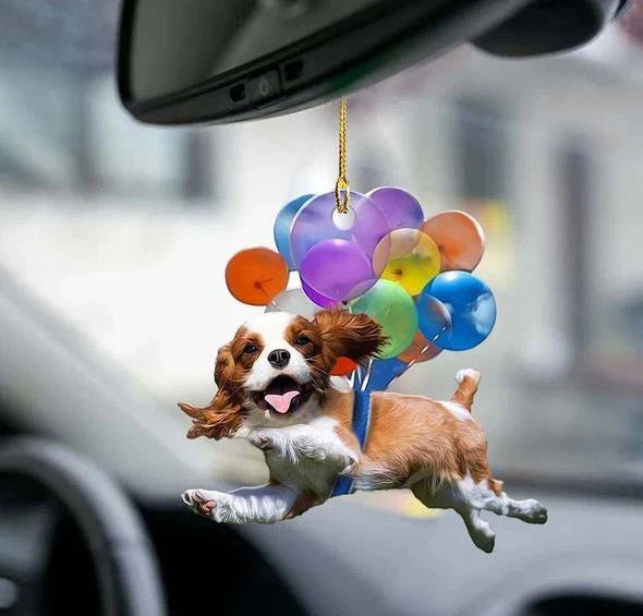 Charming cartoon dog car charm with vibrant balloon parachute design, a delightful automotive accessory for pet lovers