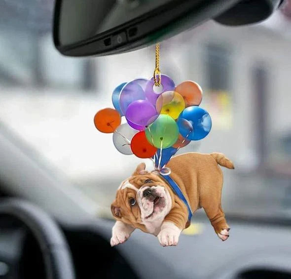 Charming cartoon dog car charm with vibrant balloon parachute design, a delightful automotive accessory for pet lovers