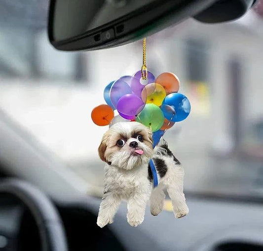 Charming cartoon dog car charm with vibrant balloon parachute design, a delightful automotive accessory for pet lovers