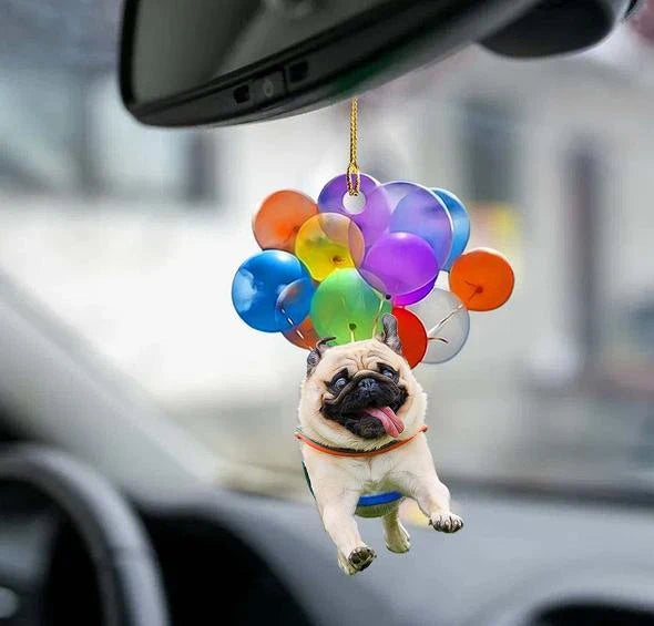 Charming cartoon dog car charm with vibrant balloon parachute design, a delightful automotive accessory for pet lovers