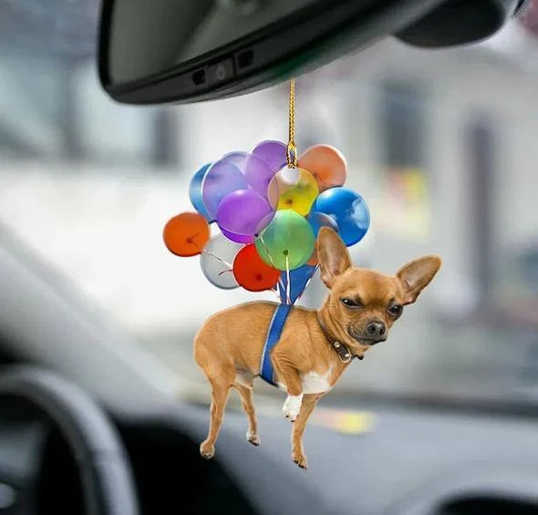 Charming cartoon dog car charm with vibrant balloon parachute design, a delightful automotive accessory for pet lovers